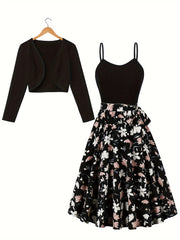 Seasonal Radiance, Elegant Floral Print Dress Set with Open Front Long Sleeve Cardigan & Tie-Waist Spaghetti Suspender Dress - Machine Washable, Polyester - Perfect for Spring/Fall