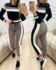 Ingvn - Colorblock Plaid Striped Short Sleeve Tape Top & Drawstring Pants Set Casual Basic Women Two Piece Set
