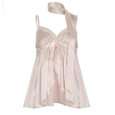 Kawaii Bandage Lace Pink Camisole Women Sexy Sweet Patchwork Satin Crop Tops with Slit Summer y2k Vintage Tank Tops Cute