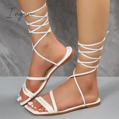 Ingvn - Women shoes 2024 Summer Fashion Open Toe Flat Sandals Sexy Solid Color Lace Up Beach Sandals for Women Zapatillas De Mujer