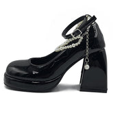 Vintage High Heels Mary Jane Shoes for Women Patent Leather Platform Pumps Woman Pearls Chain Thick-Heeled Shoes Female