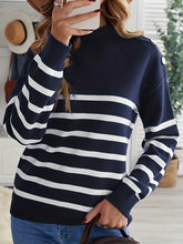 Casual Women's Striped Mock Neck Long Sleeve Pullover Sweater with Fake Button Detail