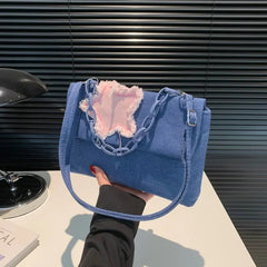 Ingvn Sweet Pink Star Women's Denim Shoulder Bag Chain Handle Ladies Clutch Crossbody Bags Simple Hot Girls Square Tote Purse Handbags