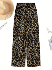 Plus Size Casual Outfits Two Piece Set, Women's Plus Leopard Print Button Up Long Sleeve Turn Down Collar Blouse & Wide Leg Pants Outfits 2 Piece Set