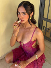 Lace Spaghetti Strap Sexy Mini Dress For Women Fashion Hollow Out Sleeveless Backless High Waist Ruffled Dress Elegant