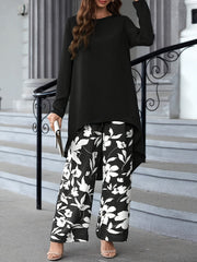 Two Piece Set: Solid Long Sleeve Crew Neck Top & Floral Print Wide Leg Pants for Spring & Fall, Women's Elegant Outfits