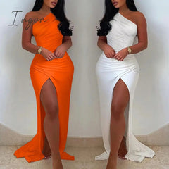 Ingvn - New Summer Elegant Solid One Shoulder High Split Thigh Ruched Maxi Floor Dress White Sexy Corset Asymmetric Party Robes Female