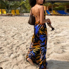 Ingvn - Print Maxi Dress Women Sexy Low Cut Cowl Neck Back Lace Up Sexy Dresses Seaside Party Club Wear Long Dress New