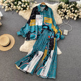 Ingvn - Women's Dress Spring Retro Print Casual Set Design Batwing Sleeve Single Breasted Blouse+High Waist Long Pants Two Piece Suits