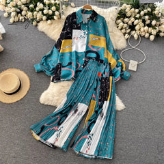Ingvn - Women's Dress Spring Retro Print Casual Set Design Batwing Sleeve Single Breasted Blouse+High Waist Long Pants Two Piece Suits