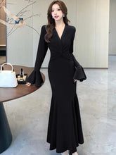 Korean Sexy Mermaid Dress for Women V-Neck Flare Long Sleeves Ruffles Party Dresses Autumn Female Slim Waist Vestidos Long Robe