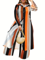 Plus Size Fashionable Outfits Set, Women's Plus Striped Button Up Long Sleeve Shirt Dress & Wide Leg Pants Outfits Two Piece Set