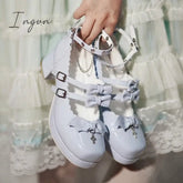 Ingvn - Lolita Sweet Girl Shoes Elegant Square Head High Heel Japanese Leather Shoes Cross Little Devil Bat Cosplay Cos Lolita Loli