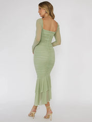 Square Collar Backless Sexy Midi Dress For Women Two Layer Mesh Sheer Long Sleeve Bodycon Club Party Long Dress New