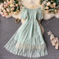 Ingvn - Embroidered Off-Shoulder Dresses Fairy Chic Gentle Dress Female New Style Sweet Daisy Printed Mesh Long Floral Dress Female
