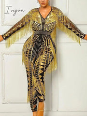 Ingvn - Womens Sexy Bodycon Jumpsuit Vintage Printed Long Sleeve One Piece Outfits with Tassels Rhinestone Yellow Black Romper Clubwear