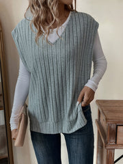 Solid V Neck Rib Knit Vest, Casual Split Side Sleeveless Loose Sweater Vest, Women's Clothing