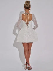 Sequins Long Sleeve Backless Sexy Mini Dress Women Robe Fashion Sparkle Lace-up High Waist A-line Club Dress Vestido