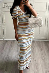 Ingvn - Celebrities Elegant Striped Contrast Weave V Neck One Step Skirt Dresses