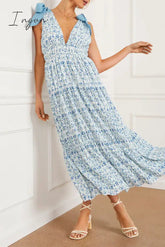 Ingvn - Sweet Elegant Print Flowers Frenulum V Neck A Line Dresses