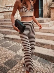 Ingvn - Knitted Two Piece Set Long Sleeve Crop Top Beach Sexy And Bodycon Trousers Summer Women Outfits Party Club