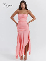 Ingvn - Pink Elegant Sexy Maxi Dress Women Gown Summer New Strapless Off-shoulder Backless Ruched Bodycon Club Party Dress