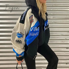 Ingvn - Hot Sell Quality Print Loose Baseball Jackets Women Casual Blue Long Sleeve Sports Coat Spring Autumn Female Streetwear Zipper Bomber Jacket
