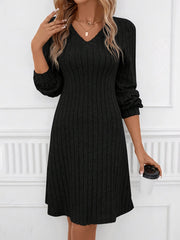 Elegant Ribbed V Neck Dress - Stylish Long Sleeves, Flattering V Neckline, Soft Ribbed Texture - Womens Formal and Semi-Formal Clothing for Comfort and Style