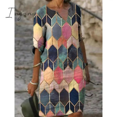 Ingvn - Half Sleeved V Neck Printed Loose Dress Women's Fashion Casual Vintage Spring Autumn All-match Plus Size Beach Dresses Vestidos