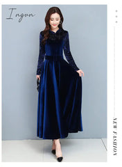Ingvn - High Quality Fashion Vintage Velvet Dress Winter Dresses Women Long Sleeve Evening Party Dress For Middle Age Mom Vestidos