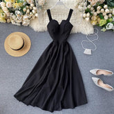 Ingvn - New Women V-neck Party Dress Summer Retro Solid Color High Waist Long Robe Ladies Slim Backless Bodycon Dress Vestidos