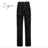 Ingvn - Weekeep Pockets Patchwork Baggy Jeans Fashion Streetwear 100% Cotton Women Denim Trouser Loose Cargo Pants Korean Jeans Harajuku