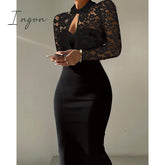 Ingvn - Women Summer Contrast Lace Long Sleeve Cutout Bodycon Dress Autumn Solid Black Long Sleeve Sexy Party Club Dress