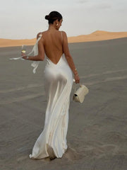 Elegant White Satin Backless Maxi Dress Women Sexy Sleeveless Spaghetti Strap Flower Decor Robe Night Club Party Dresses
