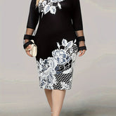 Plus Size Elegant Dress, Women's Plus Floral Print Contrast Mesh Bell Sleeve Round Neck Bodycon Midi Dress