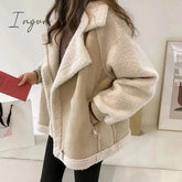 Ingvn - Brand quality Winter Women Fashion Cotton Warm Coat Brown Plush Oversize Zipper Teddy Bomber Jacket Autumn Vintage Faux Suede Fur Coats
