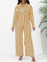 Chic Striped Print Two-Piece Outfit Set - Comfortable Button-Down Shirt & Flowy Wide Leg Pants - Casual Everyday Wear for Women
