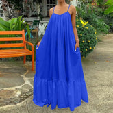 Ingvn - Summer Dress Women Sexy Short Sleeve Ruffled Maxi Long Dress Casual Loose Solid Pleated Beach Vestido Robe Plus Size
