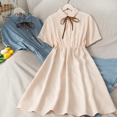 Ingvn - Dress Women Chiffon Bow Solid High Waist Turn-down Collar Preppy Style Kawaii Ulzzang Popular Temperament Girls Summer Holiday
