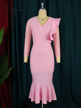 Ingvn - Women Pink Lace Dresses Midi Mermaid Long Sleeve African Ladies Party Birthday Dress Bodycon Large Size Formal Event Clothes