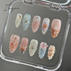 10Pcs Handmade Manicure Medium Almond Ballet Fake Nails Shell Limite Nails Press On Nails Design with Adhesive Nail File Set