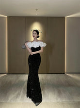 Elegant Bodycon Velvet Sequined Long Dresses for Women Patchwork Slim Mermaid Evening Party Dress Prom Robe Vestidos Mujer New