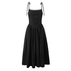 Elegant Women Lace Spliced Sexy Spaghetti Straps Dress Low Waist A-line Midi Long Summer Dresses Casual Party Robe Cotton