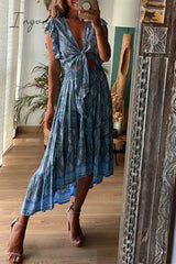 Ingvn - Sexy Vacation Floral Bandage V Neck Printed Dress Dresses