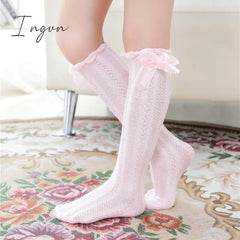 Ingvn - Spring Summer Girls Knee High Socks for Kids Children Bowknot Mesh Breathable Long Tall Socks White Gray Black Pink 3-12 Years