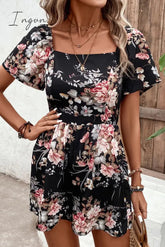 Ingvn - Floral Cutout Tie Back Romper