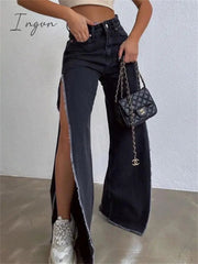 Ingvn - High Waisted Side Split Out Jeans Women Casual Loose Cargo Black Pants Streetwear Summer Wide Leg Long Baggy Y2k Jeans