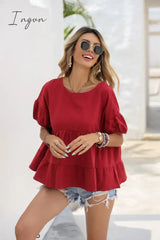 Ingvn - Round Neck Ruched Short Sleeve Blouse
