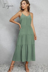 Ingvn - V-Neck Sleeveless Spaghetti Straps Midi Dress