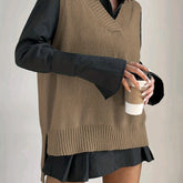 Plus Size Women's Solid V Neck Casual Sweater Vest - High Low Hem, Slight Stretch, Knit Fabric, Comfortable Fit
